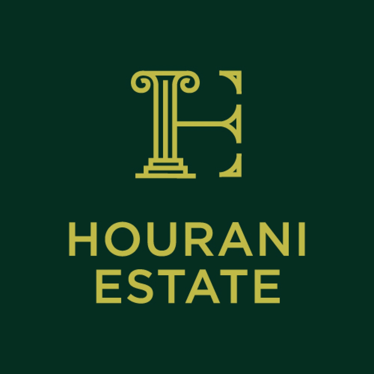 Hourani Olive Oil Estate logo design is the letter E and the lines of an ancient pillar. It uses darg green to reference olives and a warm yellow to reference the sun.