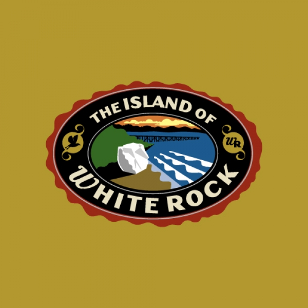 White Rock City logo with a white rock and ocean waves