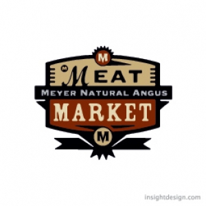 The Meat Market a brand logo icon for Meyer Natural angus. The brand logo is illustrated and stylizes like a historic 1940&#039;s brand.