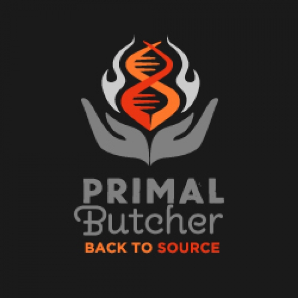 Primal Butcher, Back To Source, Logo Design is two handsholding up fire-DNA